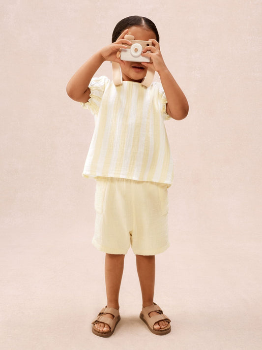 The White Company Yellow Crinkle Cotton Stripe Top & Shorts Set image 2