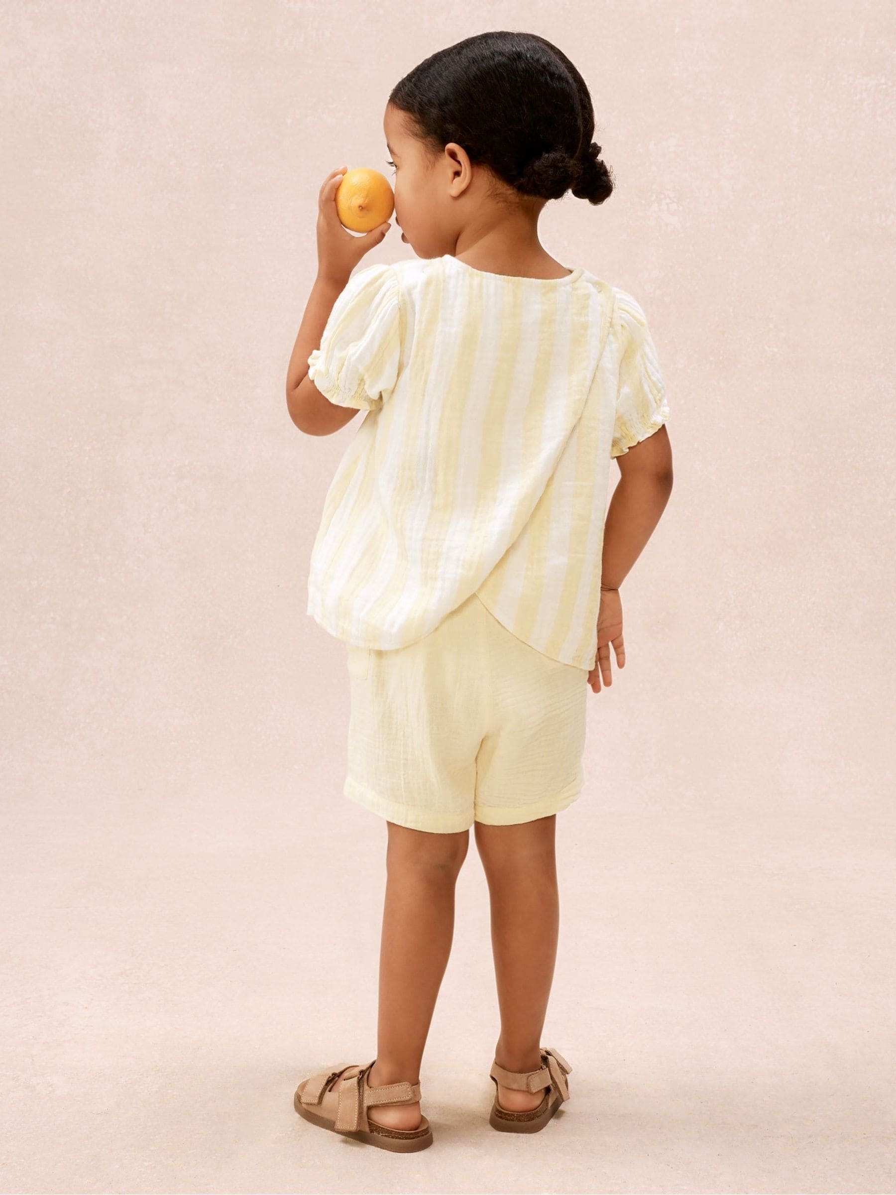 The White Company Yellow Crinkle Cotton Stripe Top & Shorts Set image 4