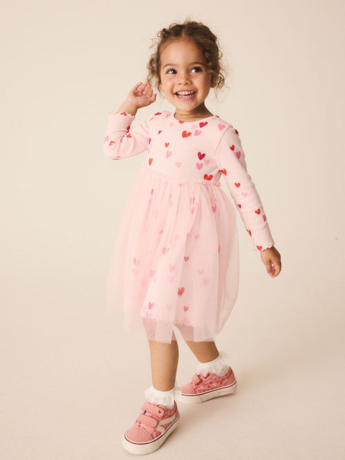 Dsiney Kidz - Pink Hearts Long Sleeve Ribbed Mesh Party Dress (3mths-7yrs) image 1