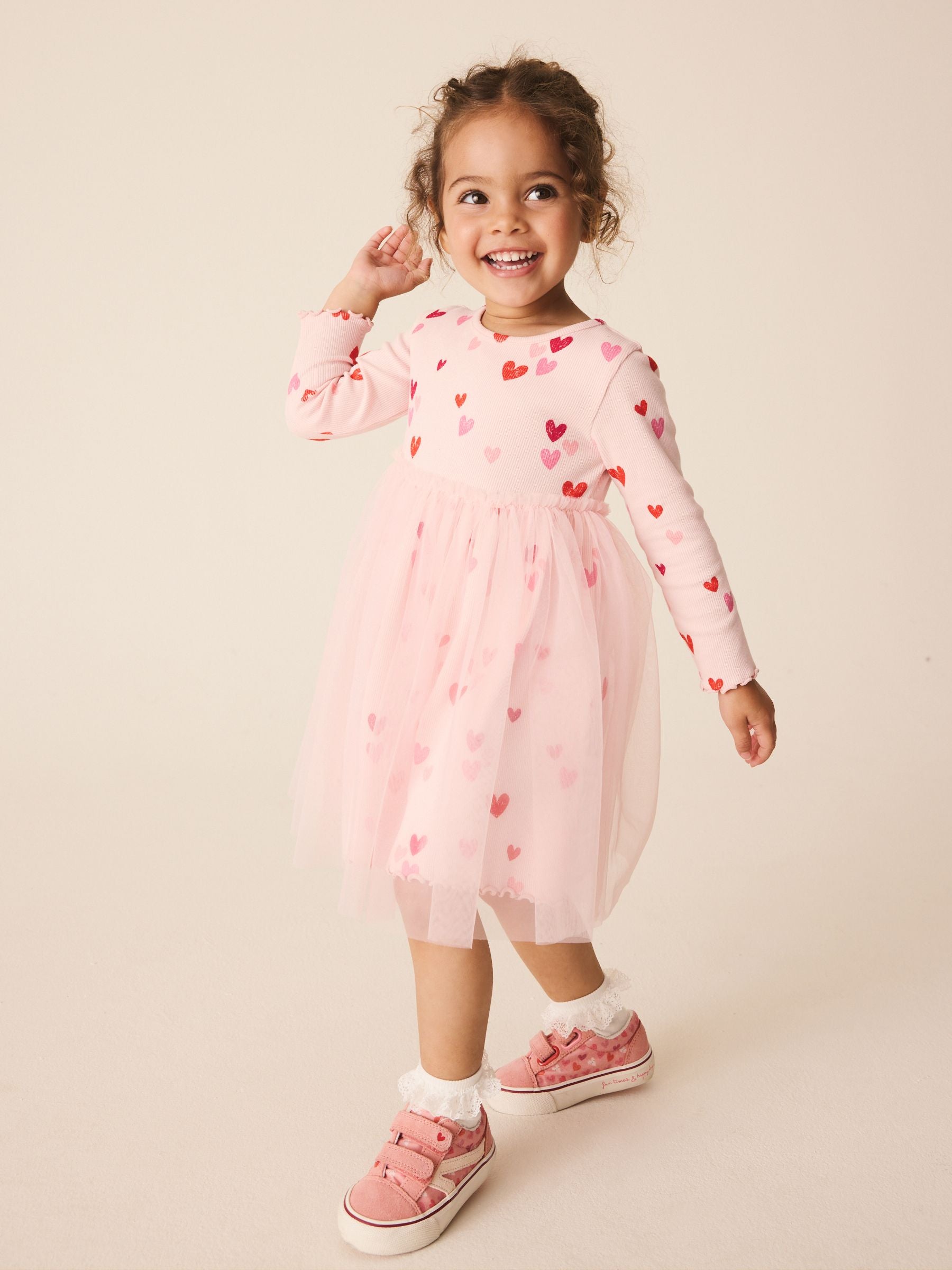 Dsiney Kidz - Pink Hearts Long Sleeve Ribbed Mesh Party Dress (3mths-7yrs) image 1