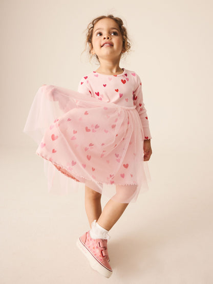 Dsiney Kidz - Pink Hearts Long Sleeve Ribbed Mesh Party Dress (3mths-7yrs) image 2