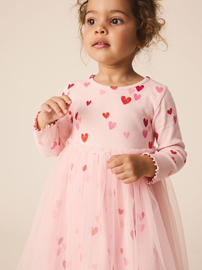 Dsiney Kidz - Pink Hearts Long Sleeve Ribbed Mesh Party Dress (3mths-7yrs) image 4