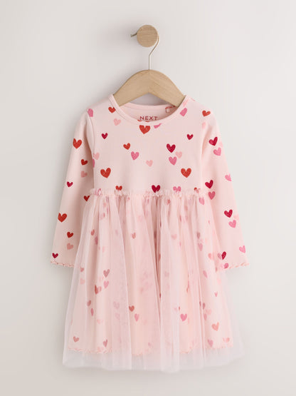 Dsiney Kidz - Pink Hearts Long Sleeve Ribbed Mesh Party Dress (3mths-7yrs) image 5