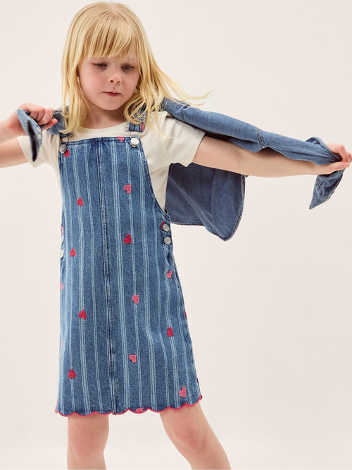 Monsoon Blue Embroidered Heart Pinafore Denim Dress image 1