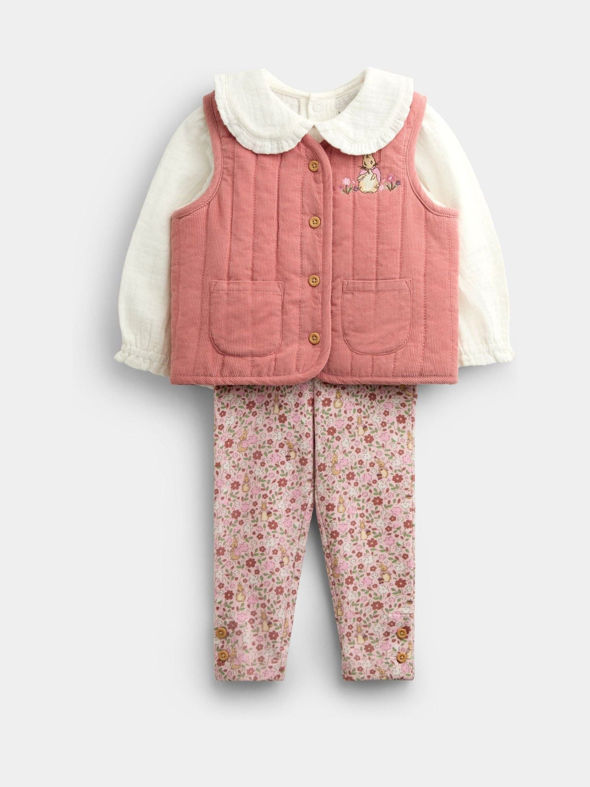 JoJo Maman Bébé Rose Pink Peter Rabbit Flopsy Bunny Blouse, Legging & Gilet Baby Set - image 3
