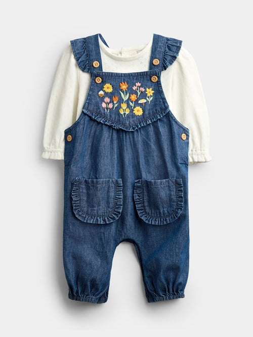 JoJo Maman Bébé Denim Embroidered Chambray Dungaree Set image 1