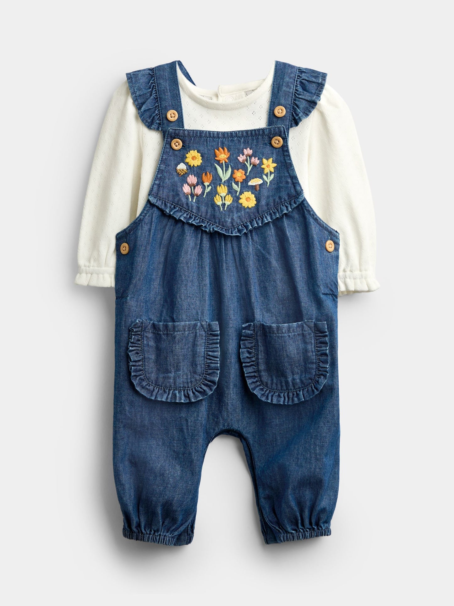 JoJo Maman Bébé Denim Embroidered Chambray Dungaree Set image 1