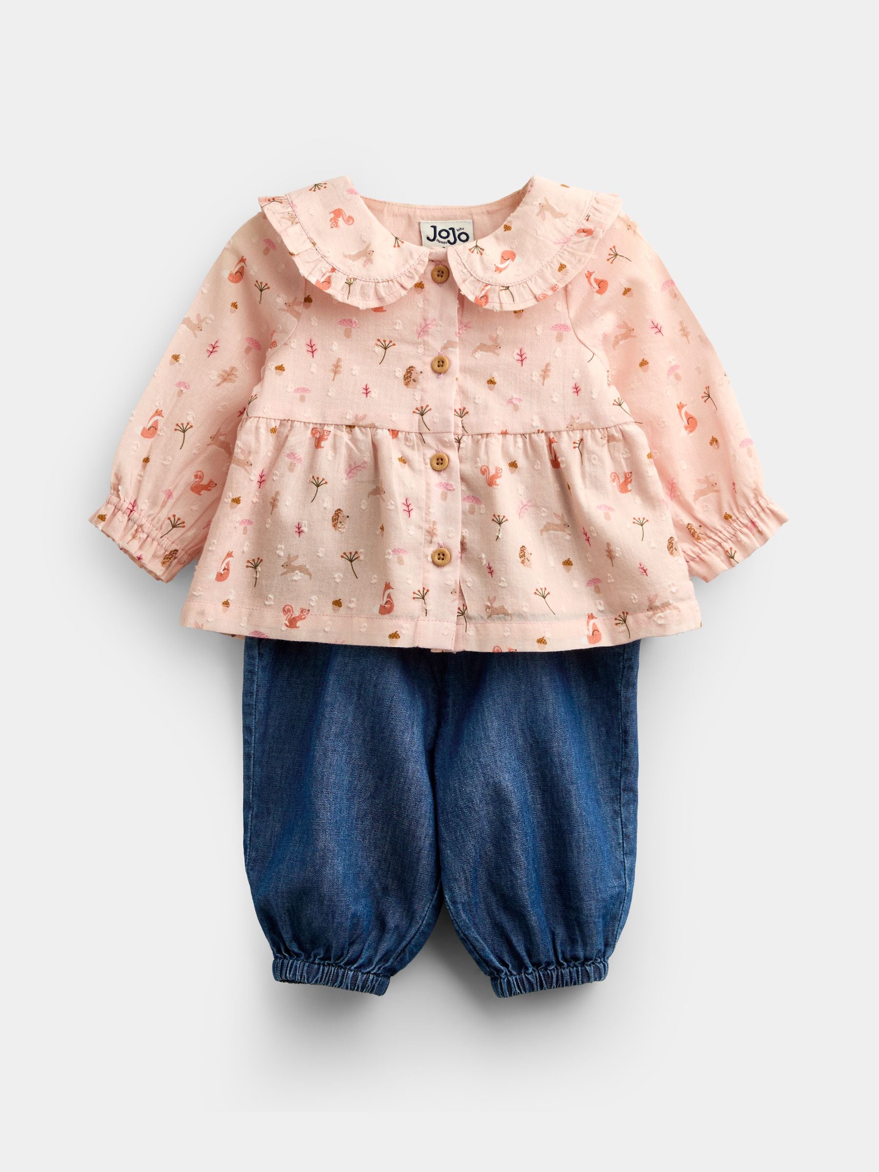 Dsiney Kidz - JoJo Maman Bébé Pale Pink Woodland Baby Blouse & Chambray Trouser Set image 1
