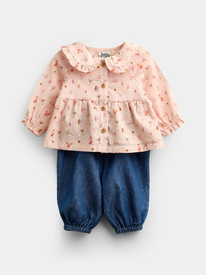 Dsiney Kidz - JoJo Maman Bébé Pale Pink Woodland Baby Blouse & Chambray Trouser Set image 1