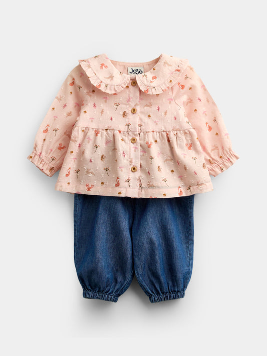 Dsiney Kidz - JoJo Maman Bébé Pale Pink Woodland Baby Blouse & Chambray Trouser Set image 1