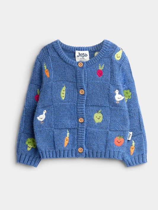 Dsiney Kidz - JoJo Maman Bébé Navy Blue Vegetable Embroidered Knit Cardigan image 1