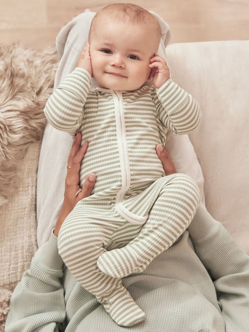 MORI Green Supersoft Ribbed Stripe Two Way Zip-Up Sleepsuit image 1