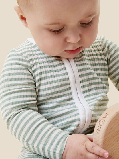 MORI Green Supersoft Ribbed Stripe Two Way Zip-Up Sleepsuit image 3