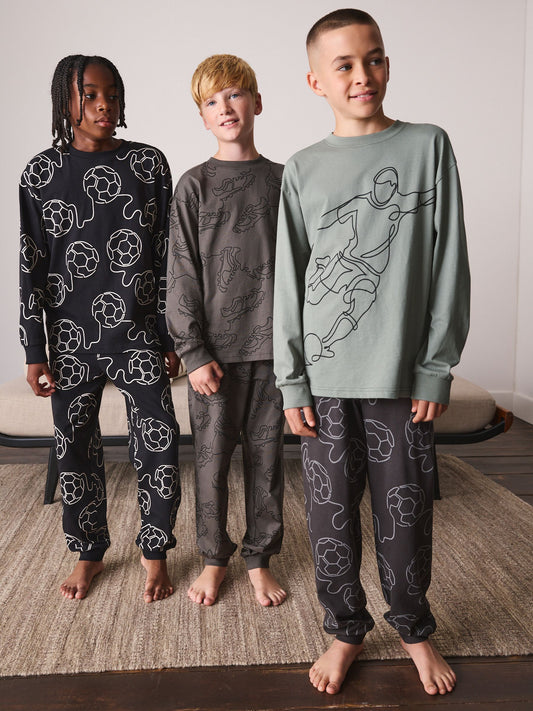 Black/Green Football Long Sleeve Pyjamas 3 Pack (3-16yrs) - image 1