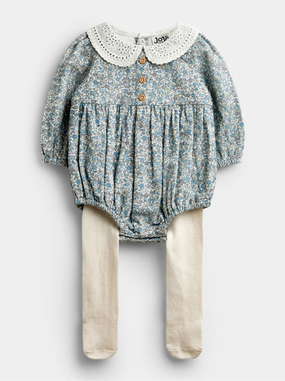 JoJo Maman Bébé Blue Floral 2-Piece Bubble Romper & Tights Set image 1