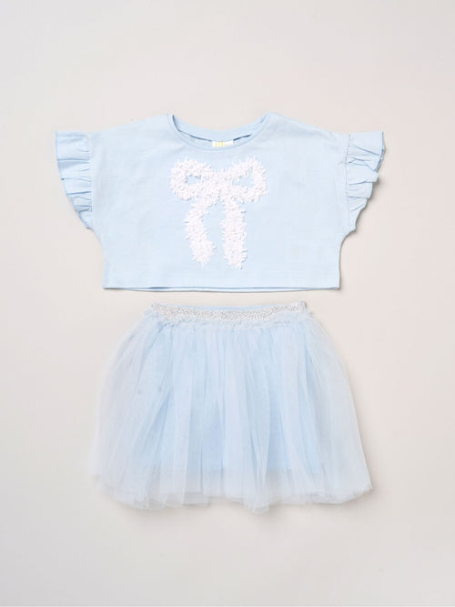 Dsiney Kidz - Miss Light Blue Bow Applique Short Sleeve T-Shirt And Tutu Skirt Outfit Set image 1