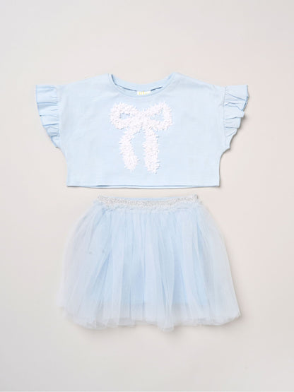 Miss Light Blue Bow Applique Short Sleeve T-Shirt And Tutu Skirt Outfit Set image 1