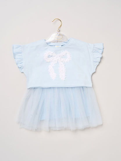 Miss Light Blue Bow Applique Short Sleeve T-Shirt And Tutu Skirt Outfit Set image 2