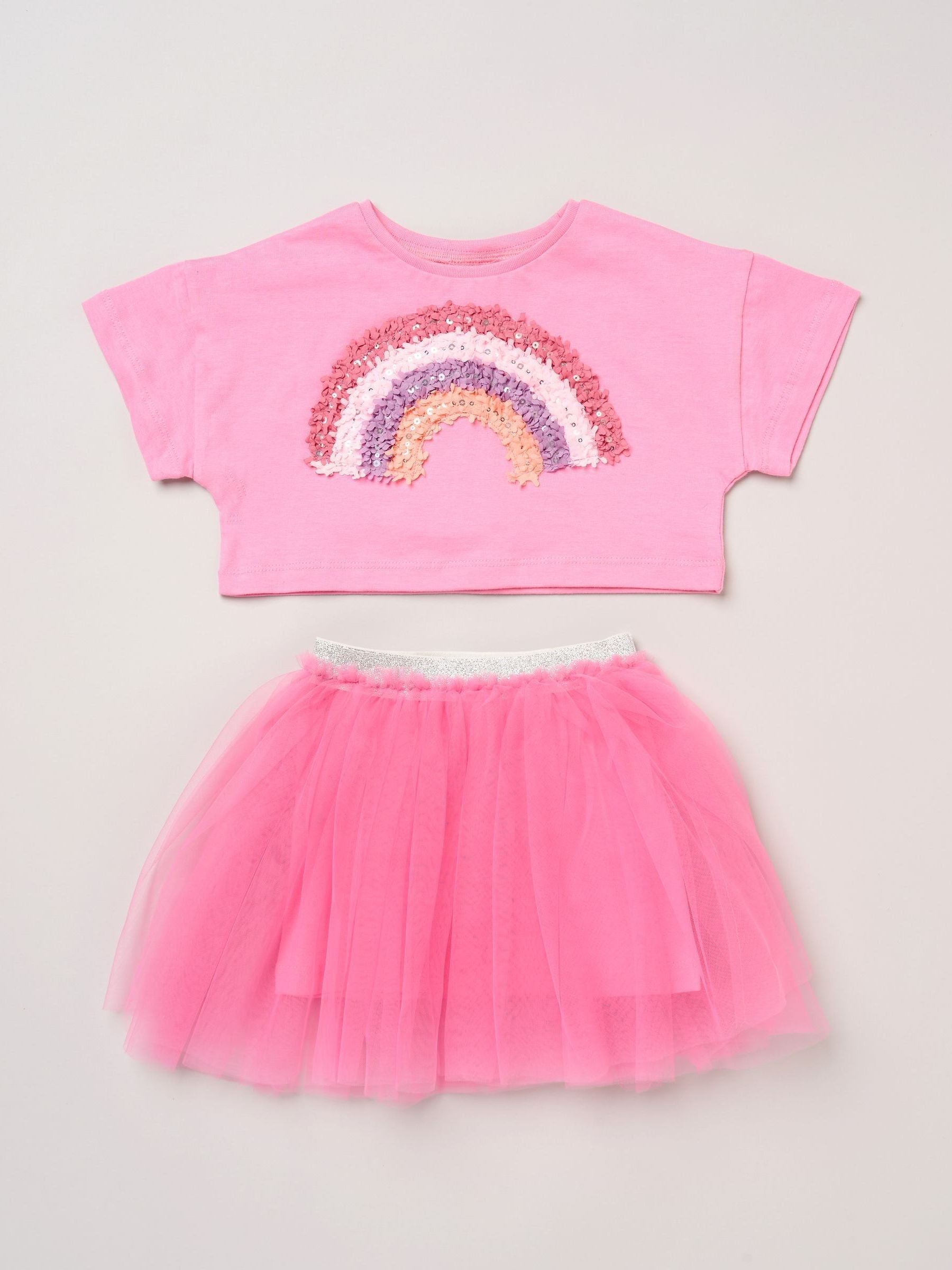Miss Bright Pink Bow Applique Short Sleeve T-Shirt And Tutu Skirt Outfit Set image 1