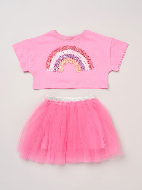 Dsiney Kidz - Miss Bright Pink Bow Applique Short Sleeve T-Shirt And Tutu Skirt Outfit Set image 1