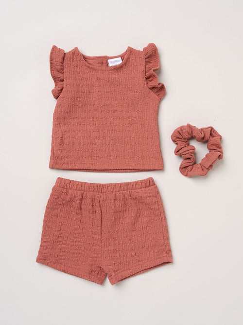 Dsiney Kidz - Miss Red Textured Top Shorts And Scrunchie Outfit Set image 1