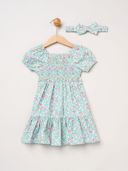 Dsiney Kidz - Miss Blue Floral Embroidered Smocked Dress with Headband image 1