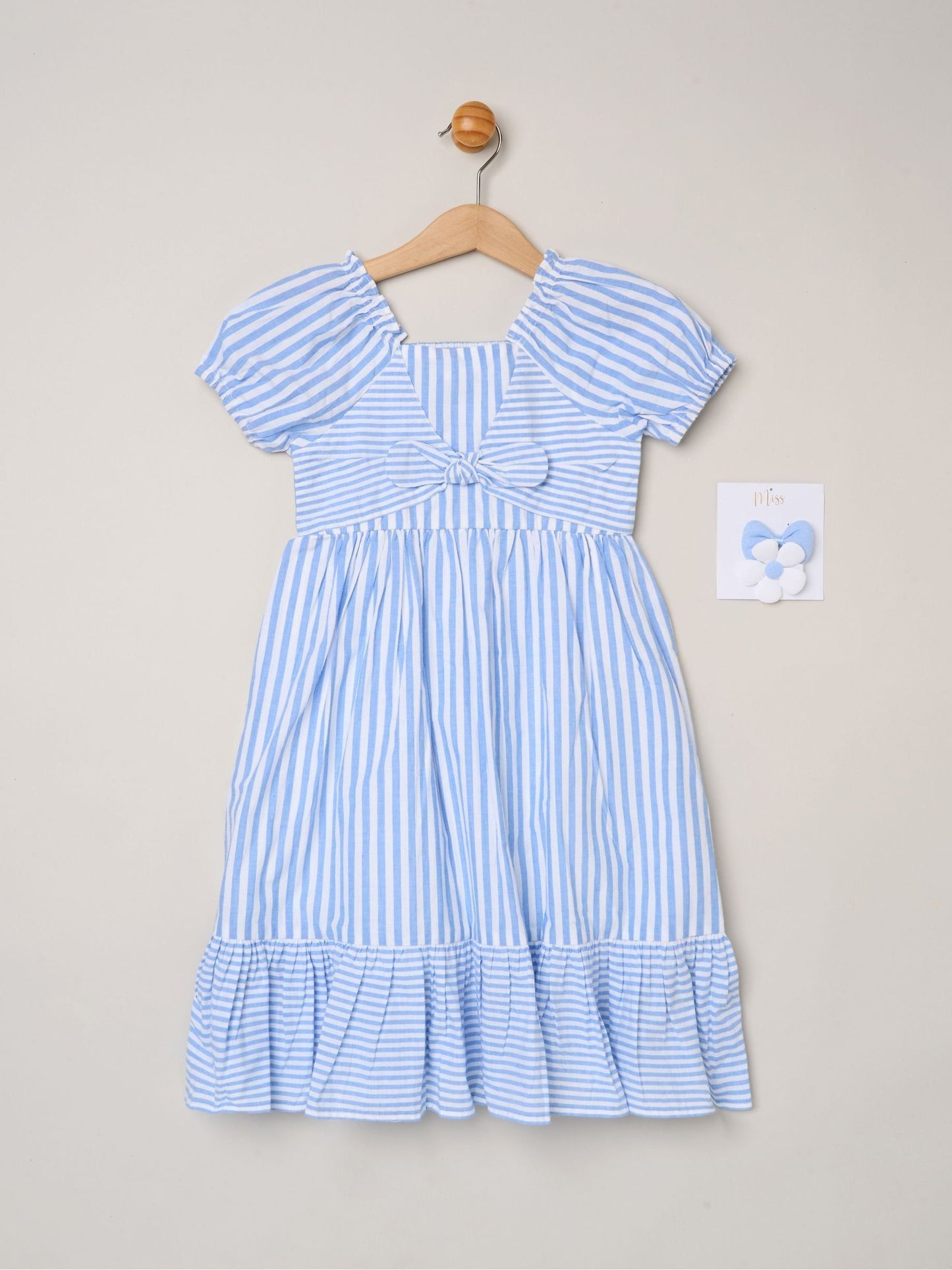 Dsiney Kidz - Miss Blue Puff Sleeve Stripe Dress And Hair Clips 2-Pack image 1