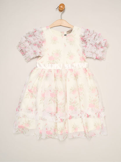 Dsiney Kidz - Miss White Floral Mesh Dress with Ruffle Sleeves image 1
