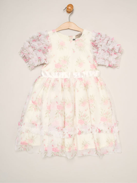 Dsiney Kidz - Miss White Floral Mesh Dress with Ruffle Sleeves image 1