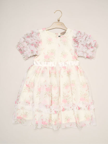 Dsiney Kidz - Miss White Floral Mesh Dress with Ruffle Sleeves image 2