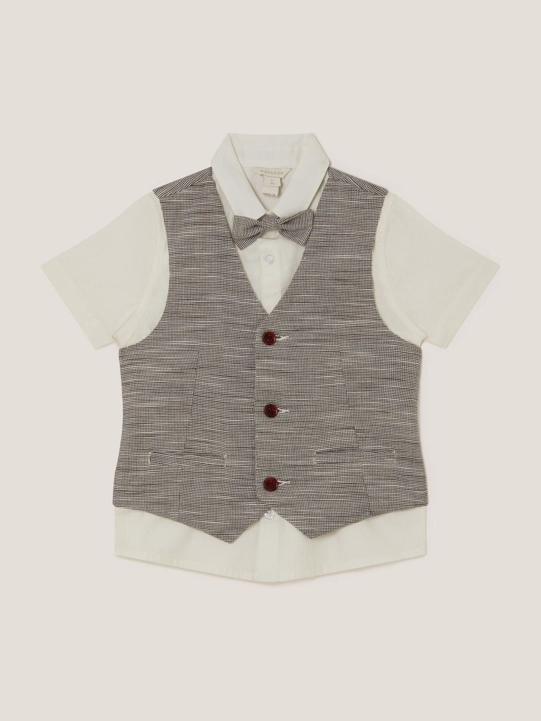 Monsoon Cream Greyson Houndstooth Waistcoat & Shirt Set 3 Piece image 1