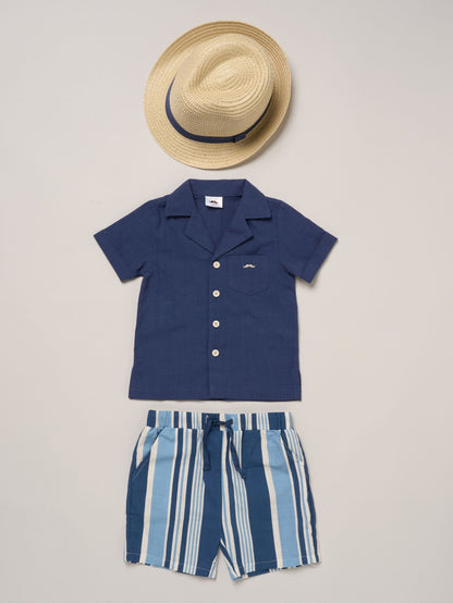 Dsiney Kidz - Little Gent Blue Woven Shirt Stripe Shorts And Fedora Hat image 1