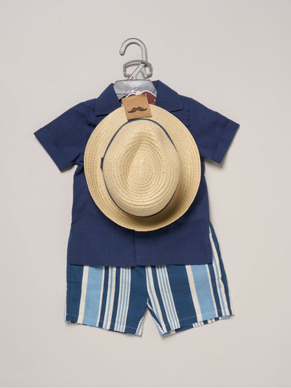 Dsiney Kidz - Little Gent Blue Woven Shirt Stripe Shorts And Fedora Hat image 2