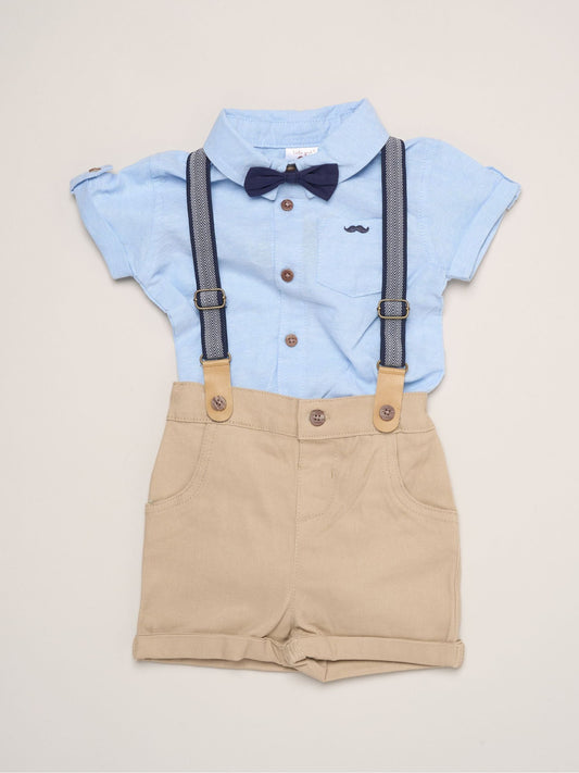 Little Gent Blue Mock Shirt Bodysuit Shorts And Bowtie Outfit Set image 1