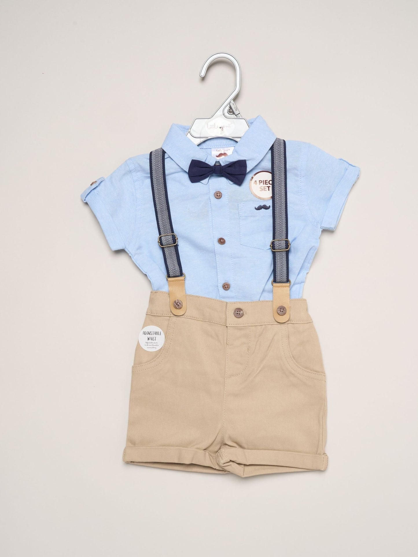 Little Gent Blue Mock Shirt Bodysuit Shorts And Bowtie Outfit Set image 2