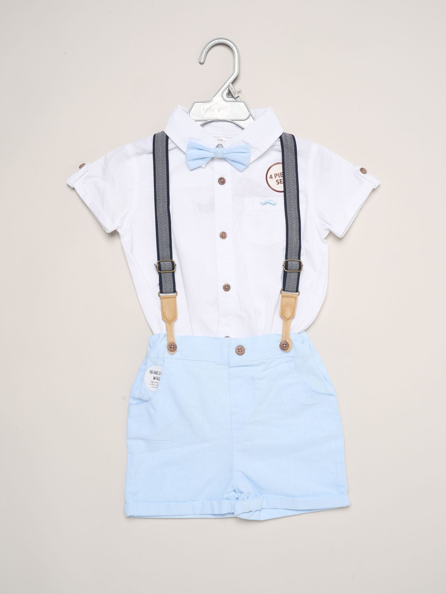 Little Gent Blue Mock Shirt Bodysuit Shorts And Bowtie Outfit Set image 1