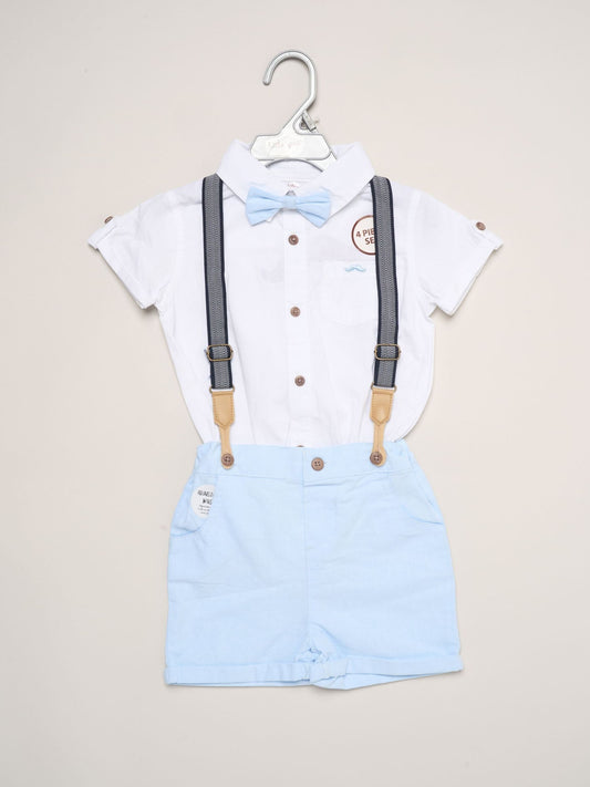 Little Gent Blue Mock Shirt Bodysuit Shorts And Bowtie Outfit Set image 1