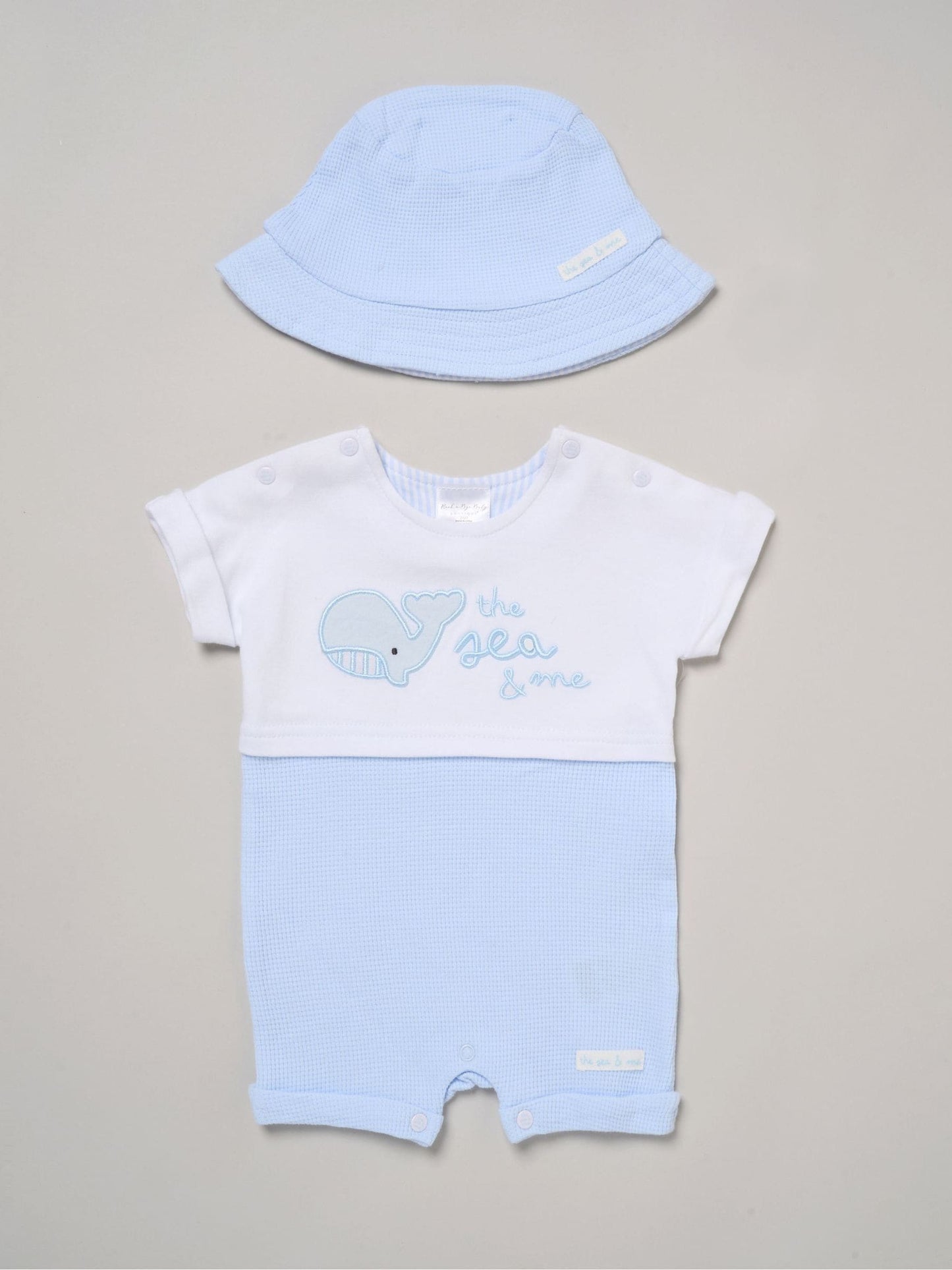 Rock-A-Bye Baby Boutique Blue Whale Printed Romper And Reversible Hat Outfit Set image 1