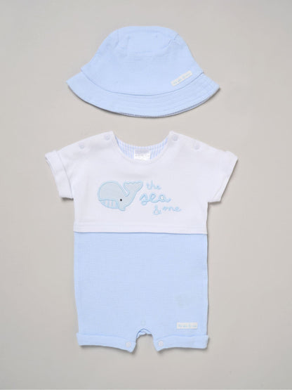 Rock-A-Bye Baby Boutique Blue Whale Printed Romper And Reversible Hat Outfit Set image 1