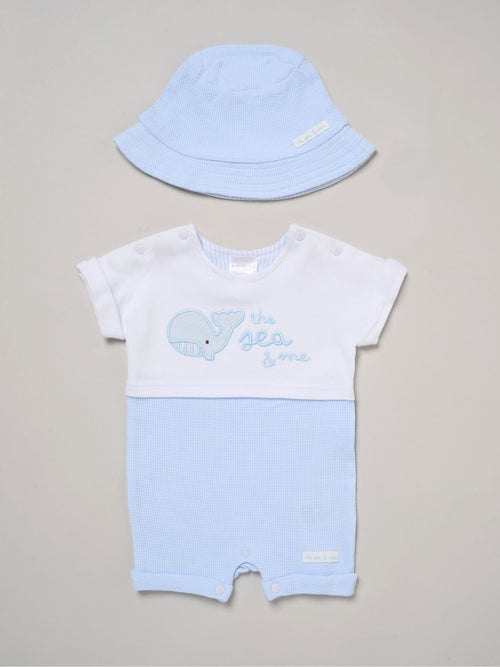 Rock-A-Bye Baby Boutique Blue Whale Printed Romper And Reversible Hat Outfit Set image 1