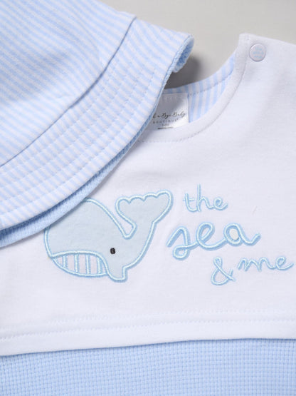 Rock-A-Bye Baby Boutique Blue Whale Printed Romper And Reversible Hat Outfit Set image 2