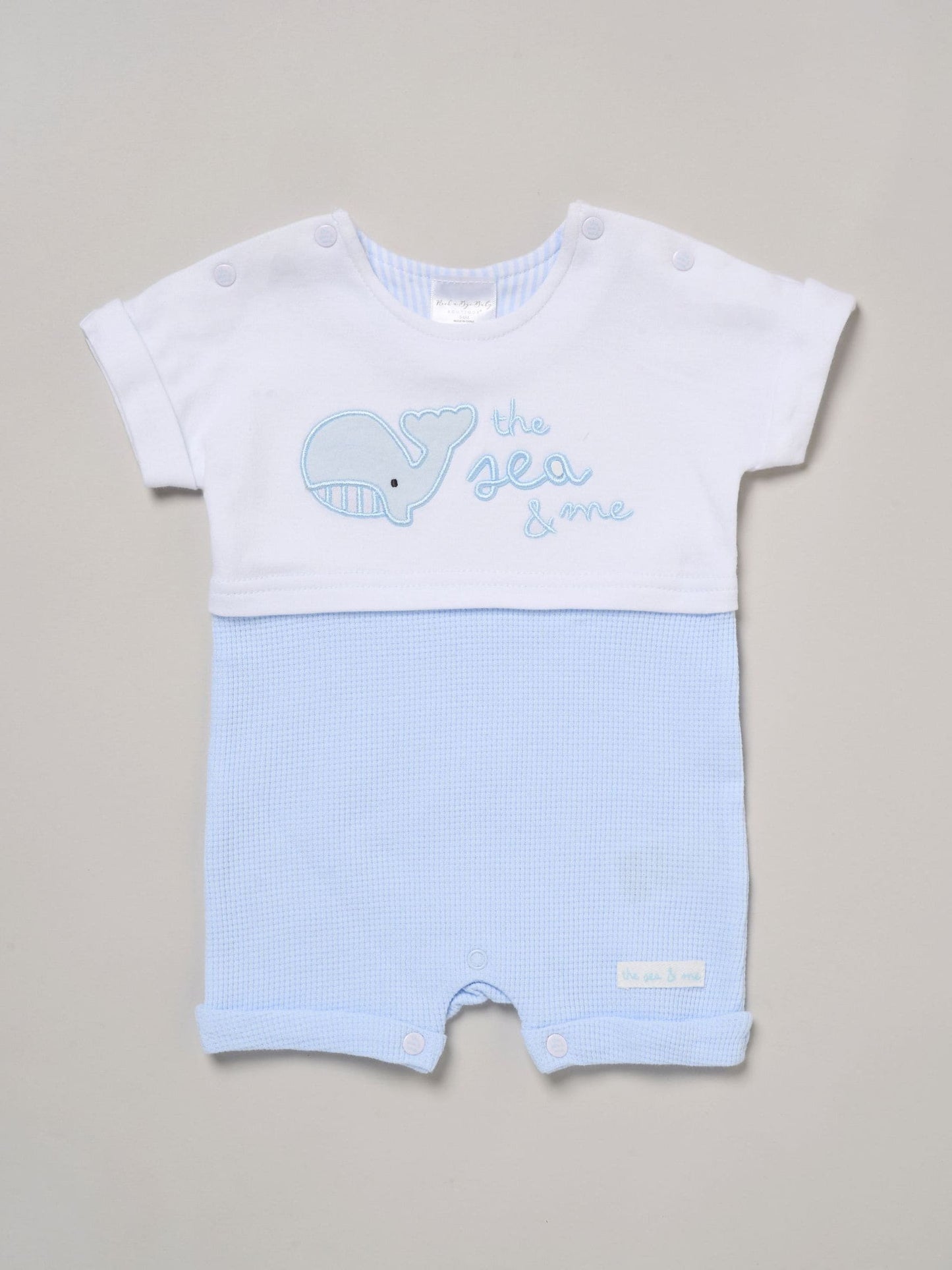 Rock-A-Bye Baby Boutique Blue Whale Printed Romper And Reversible Hat Outfit Set image 3