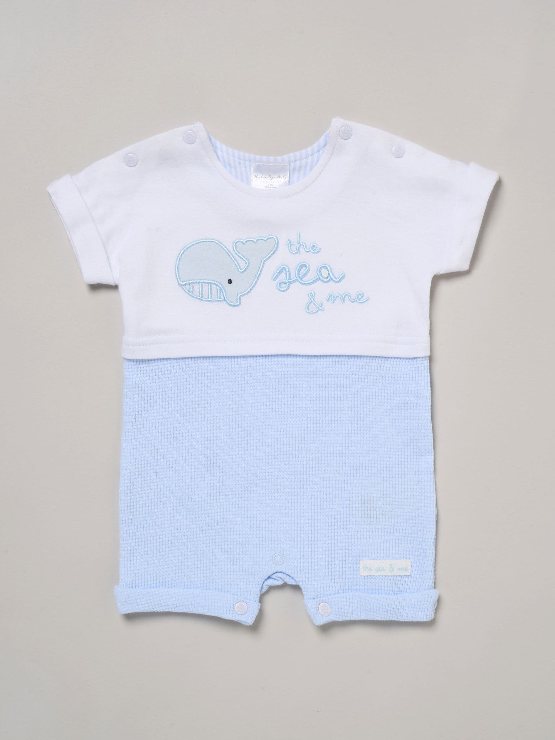 Rock-A-Bye Baby Boutique Blue Whale Printed Romper And Reversible Hat Outfit Set image 3