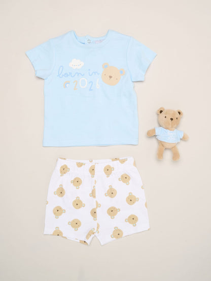 Rock-A-Bye Baby Boutique Blue - Bear Print T-Shirt, Shorts And Plush Toy Outfit Set image 1