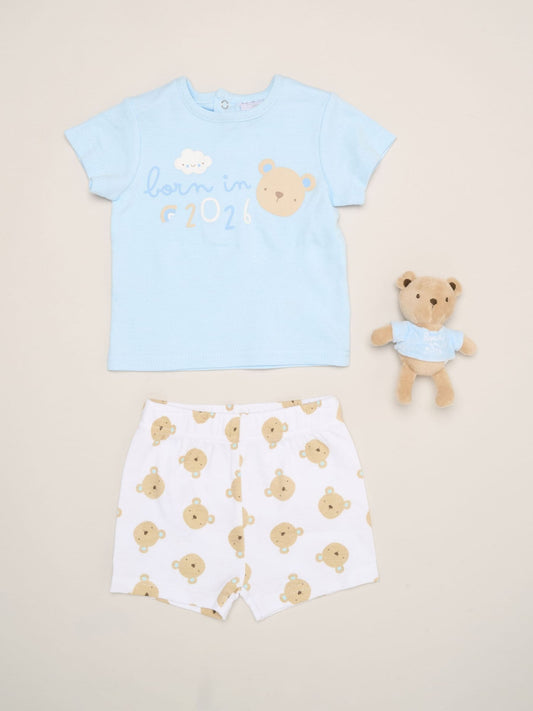 Rock-A-Bye Baby Boutique Blue - Bear Print T-Shirt, Shorts And Plush Toy Outfit Set image 1
