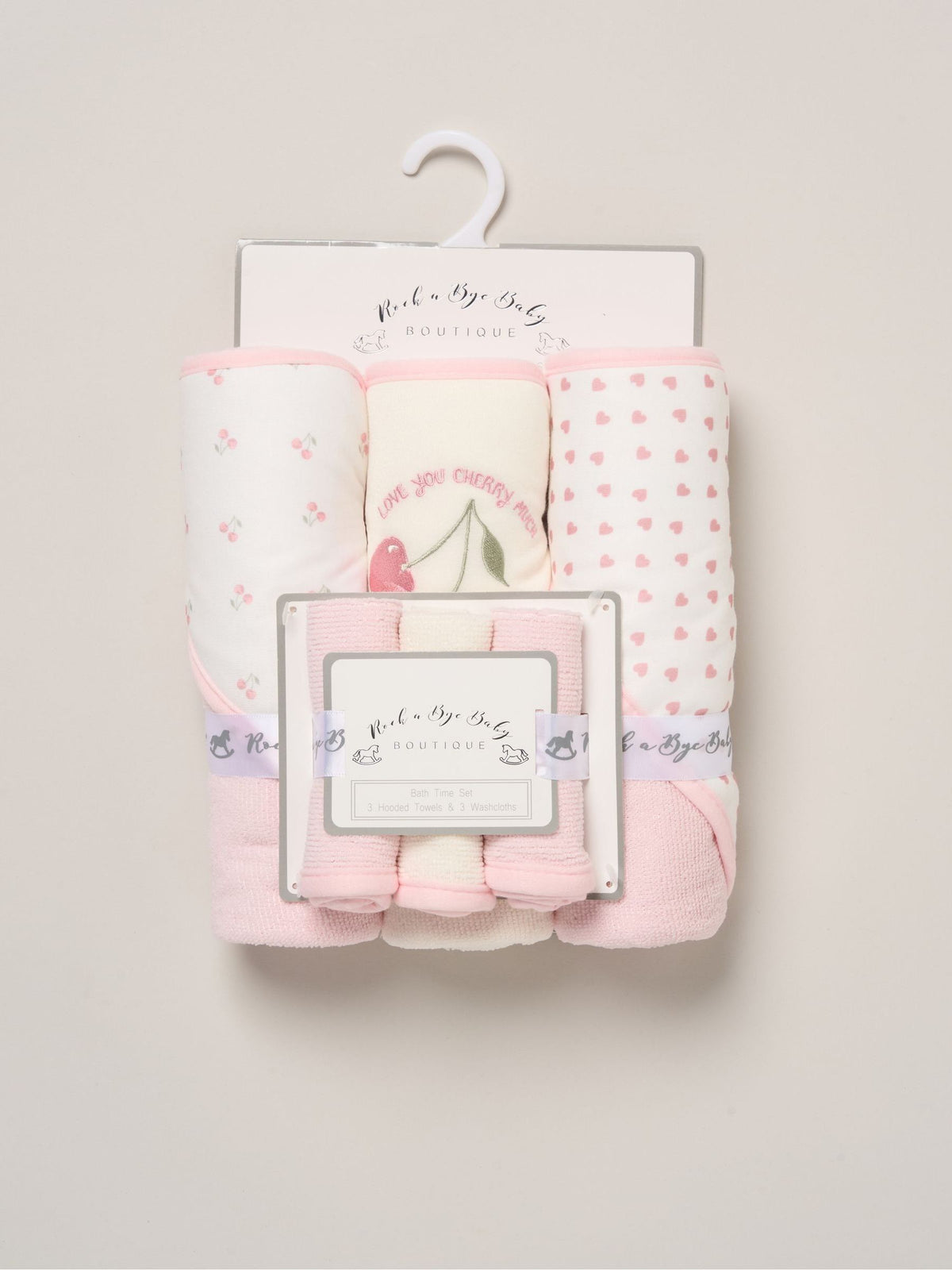 Rock-A-Bye Baby Boutique Cherry Pink Hooded Towels And Wash Cloth Set 3 Pack - image 3