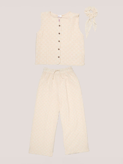 Miss Cream Textured Top Wide Leg Trouses And Scrunchie Outfit Set image 1