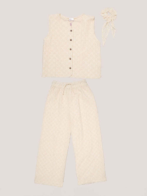 Dsiney Kidz - Miss Cream Textured Top Wide Leg Trouses And Scrunchie Outfit Set image 1