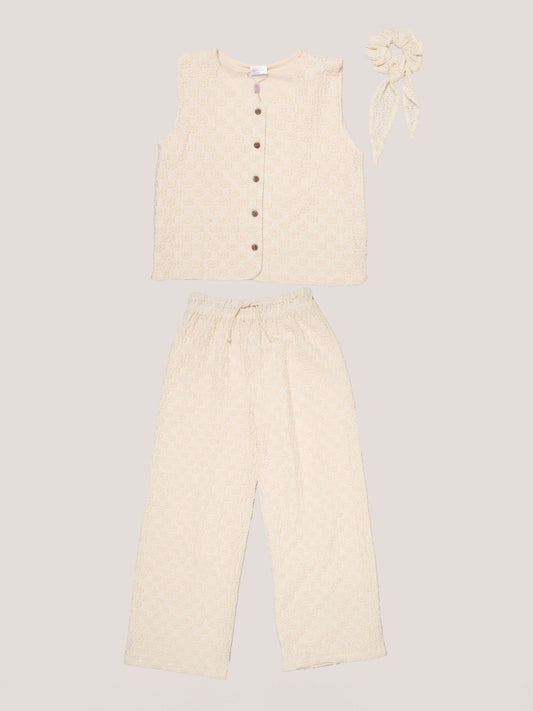 Miss Cream Textured Top Wide Leg Trouses And Scrunchie Outfit Set image 1