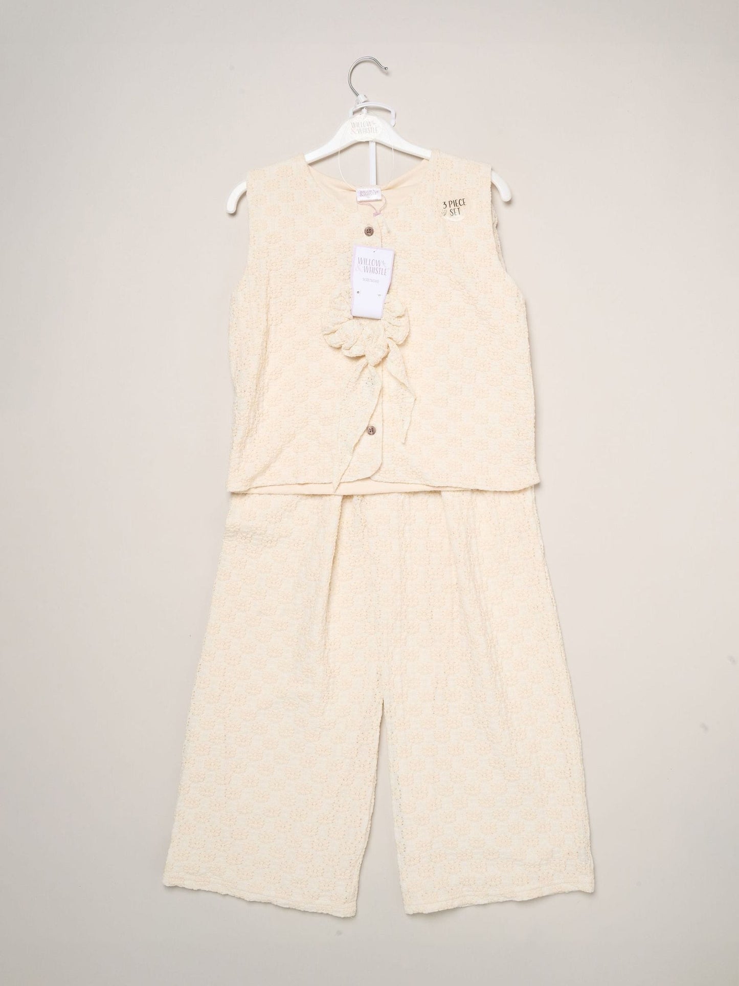 Miss Cream Textured Top Wide Leg Trouses And Scrunchie Outfit Set image 2